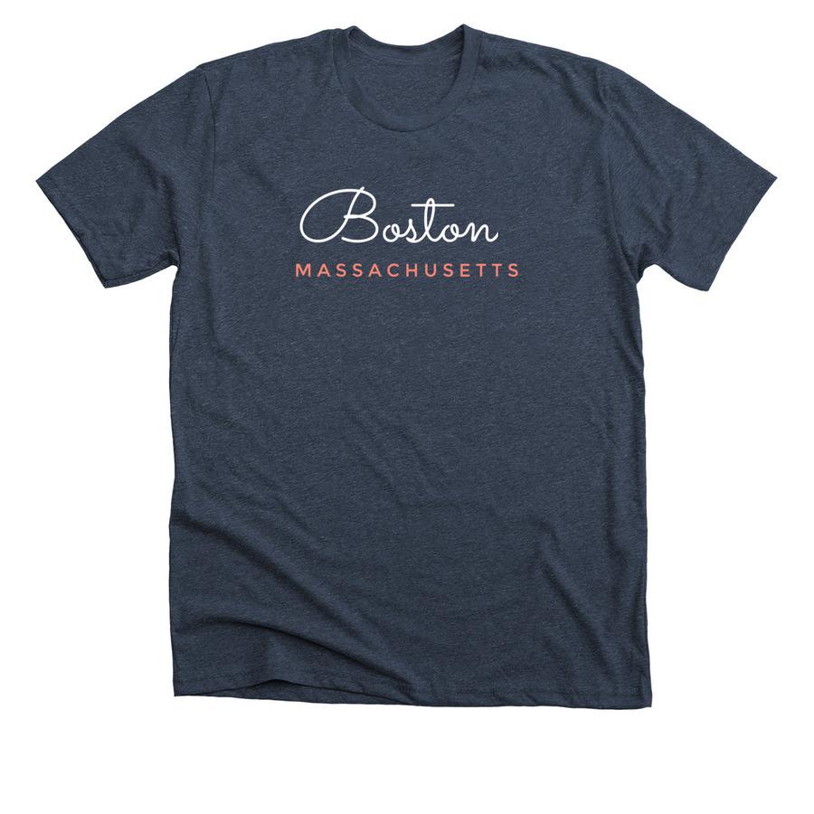 A midnight navy shirt that says, "Boston Massachusetts".