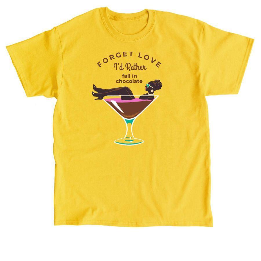 Classic Unisex Tee,Comfort Colors Unisex Tee with premium design illustration of a beautiful girl siting in a big glass filled with chocolate and the text: Forget Love, fall in chocolate