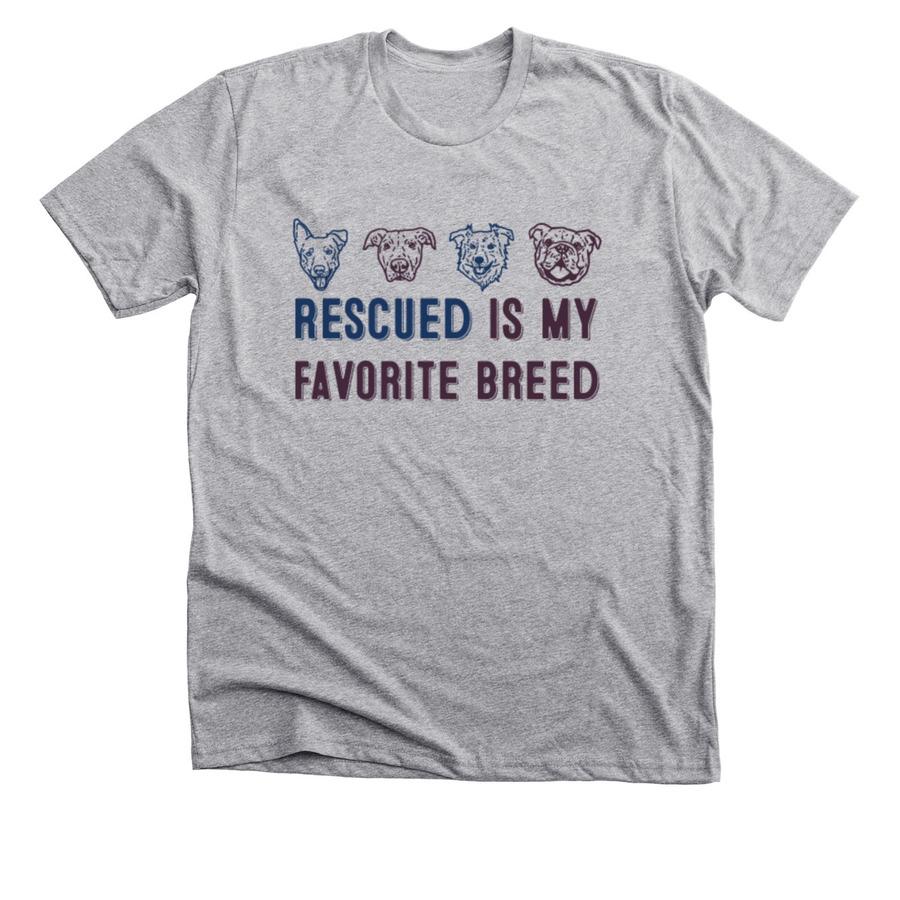 dark heather grey shirt with rescued is my favorite breed text and 4 dog head images