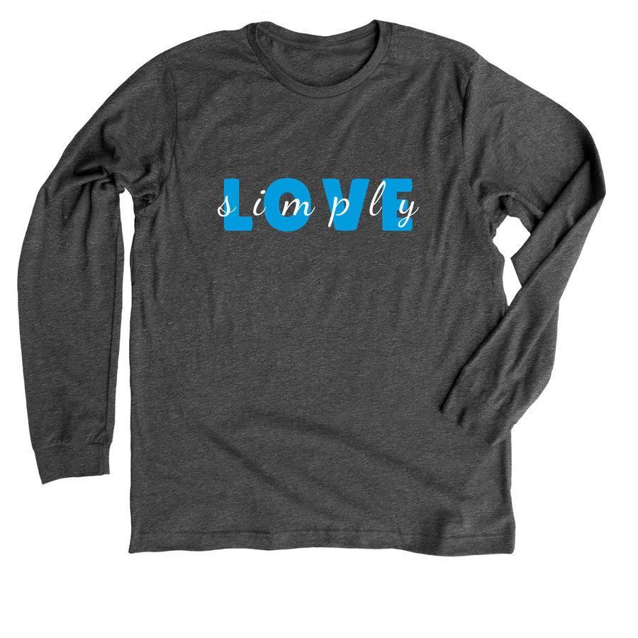 Charcoal colored adoption shirt with simply love text