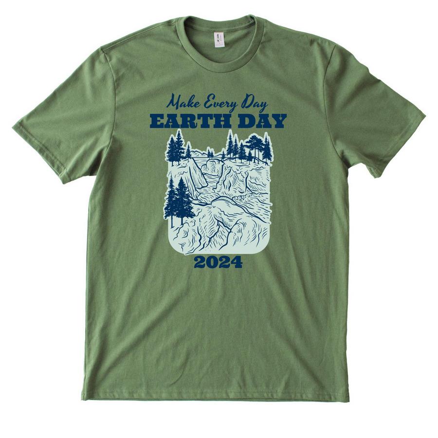 Bacon Blue, White Sand and White colors of an Allmade Organic Cotton Unisex Tee, and Ash grey, Oceanic Teal, and Olive You green of an Allmade Heavyweight Recycled Cotton Tee with Earth Day 2024 design. A mountain/forest landscape, line work, with text saying: Make every day Earth Day - 2024