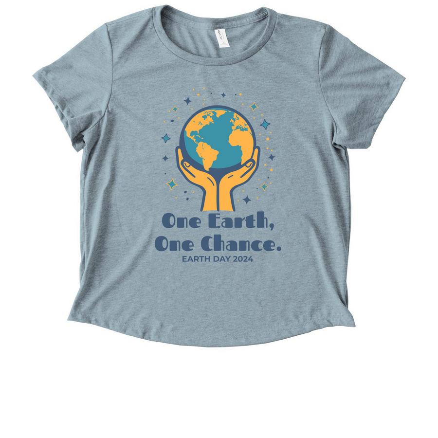 I Like You Blue and White colors for an Allmade Eco Triblend Women?s Scoop Neck Tee with Erath Day design. Hands holding a globe with text saying: One Earth One Chance, Earth Day 2024