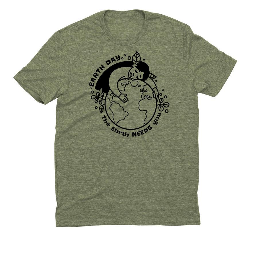A grey, blue, green, rose, Allmade Eco Triblend Unisex Tee with Earth Day themed design. A native girl hugging the earth. The text says: Earth Day - The Earth needs you.