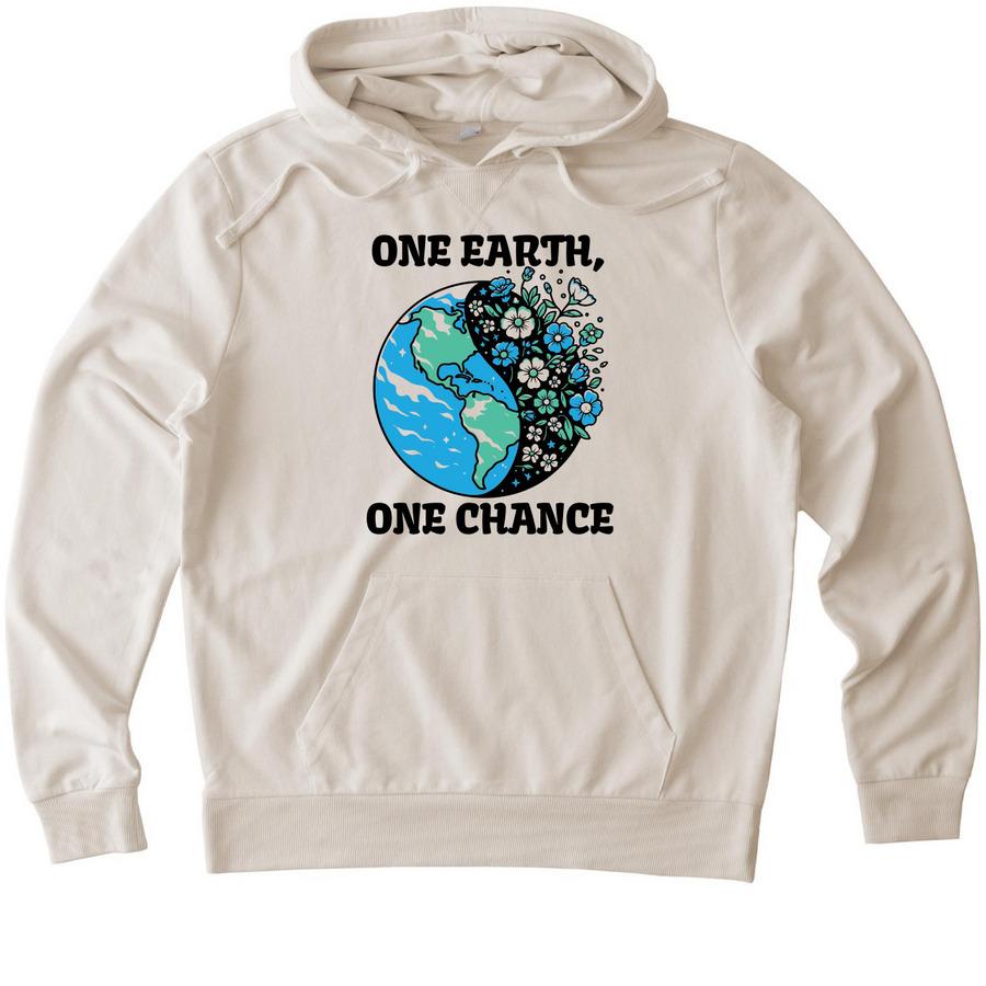 Granite Grey Heather, Revolution Red, White Sand colors for an Allmade Organic French Terry Pullover Hoodie with Earth Day design. A yin-yang globe with flowers popping out from the dark side, with text saying: One Earth, One Chance.
