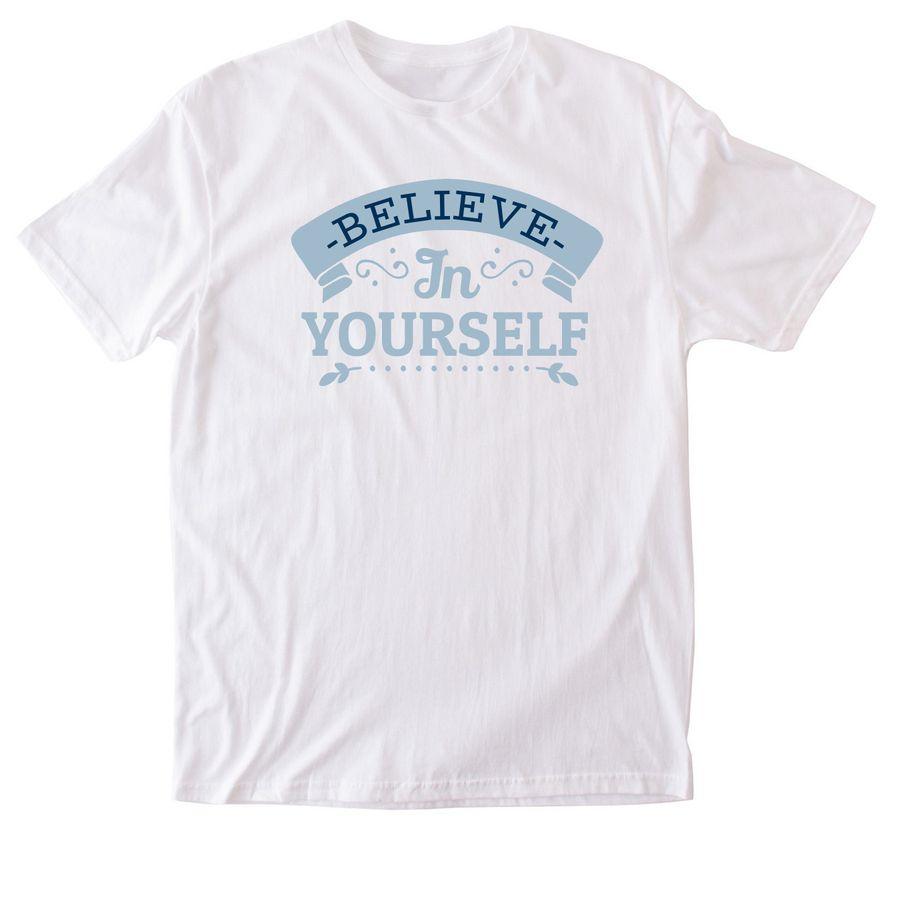 White Softstyle Cotton Tee, 3/4 Sleeve Baseball Tee  with typography design: Believe In Yourself