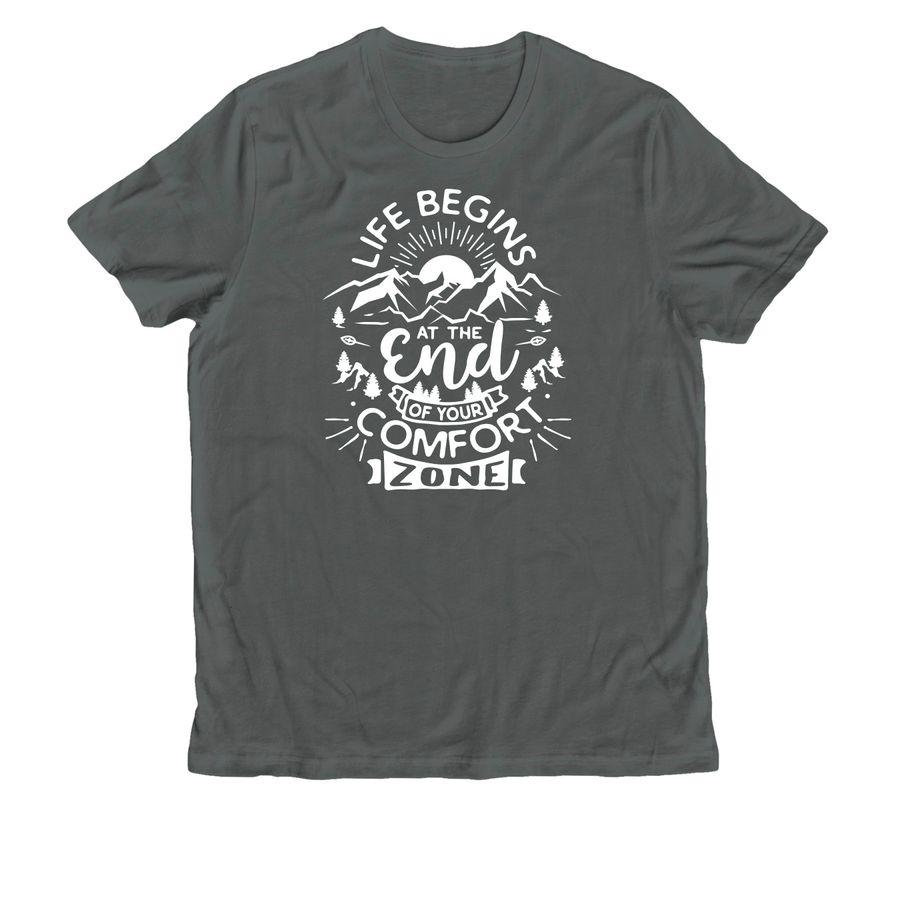 Gray Allmade Organic Cotton Unisex Tee, Classic Unisex Tee with a landscape illustration and the text: Life begins at the end of your comfort zone