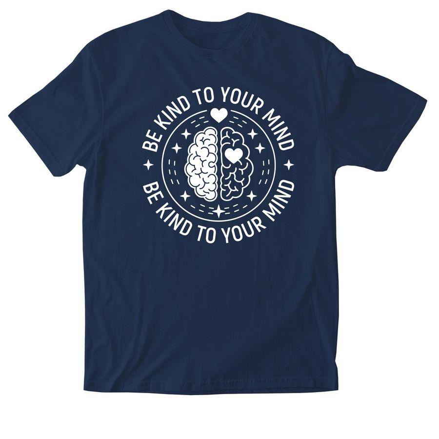 Navy Softstyle Cotton Tee, Allmade Organic Cotton Unisex Tee with an illustration af a mind, brain and the text: Be kind to your mind