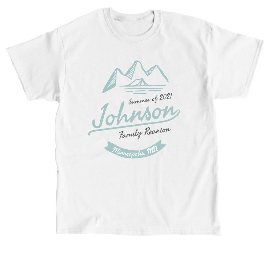 A white family reunion shirt that says, "Johnson family reunion".