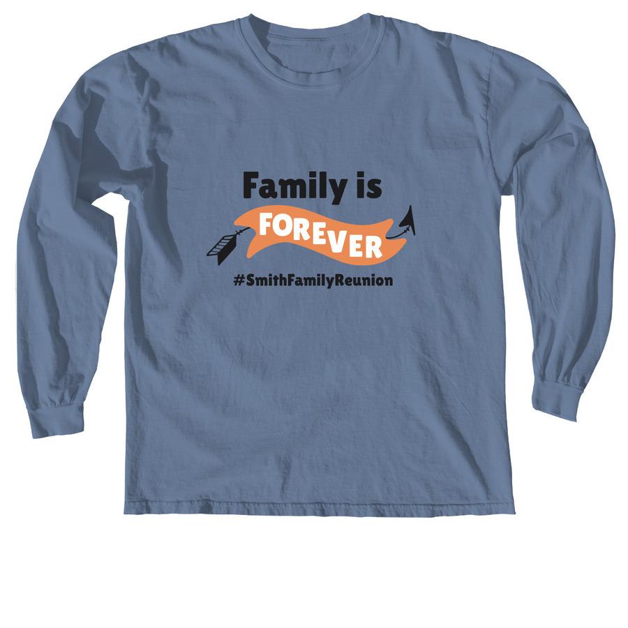 A denim-colored family reunion shirt that says "Family is forever".