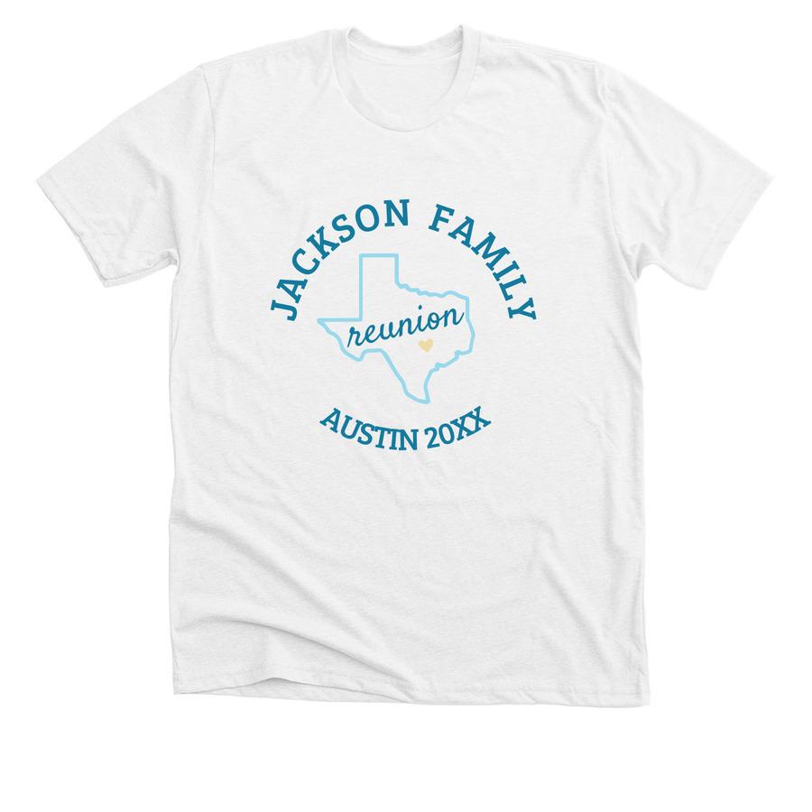 A white family reunion shirt that says, "Jackson family reunion".