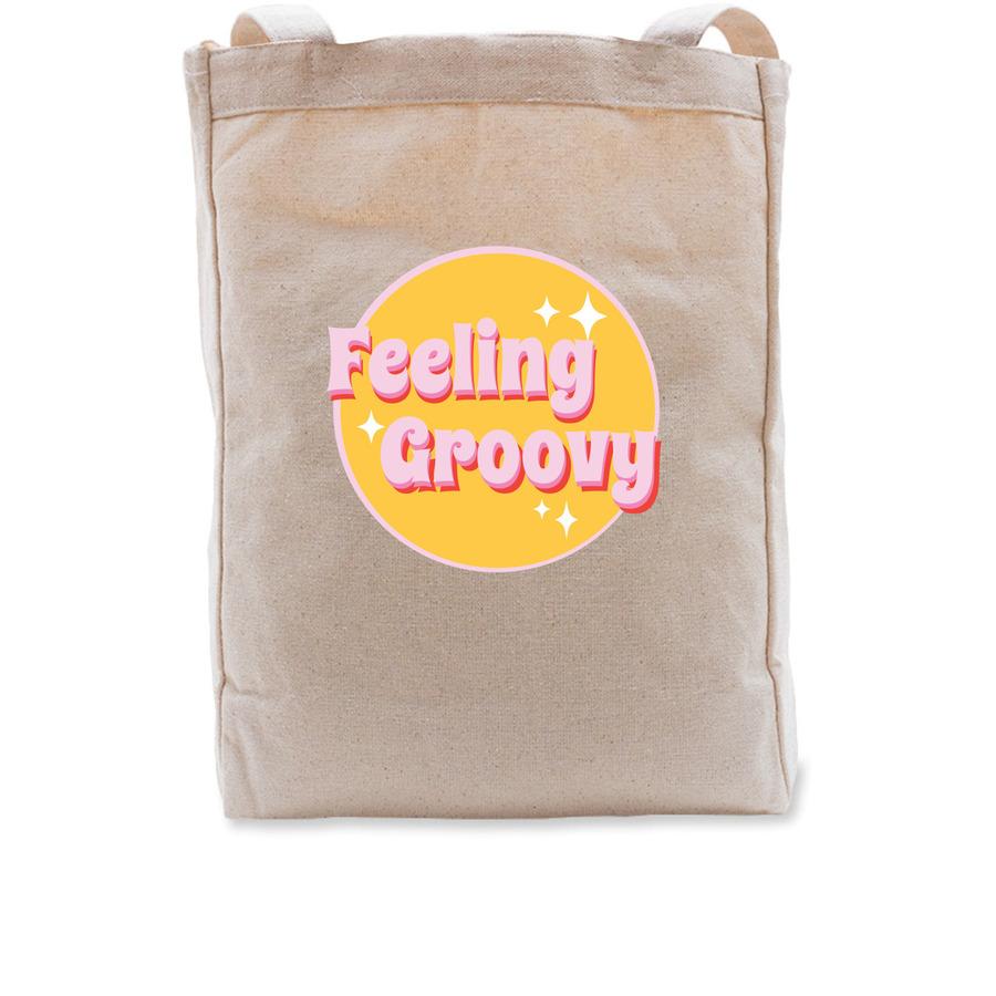 A tote bag design that says, "Feeling groovy".