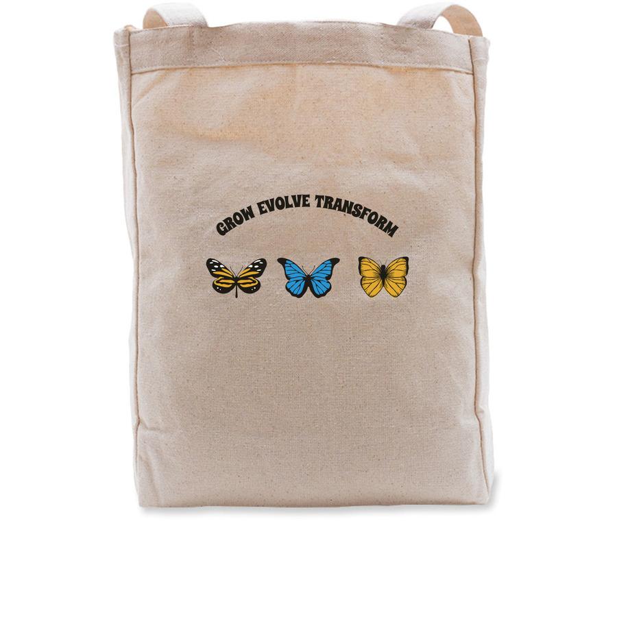 A tan tote bag design with butterfly graphics that says, "Grow, evolve, transform".