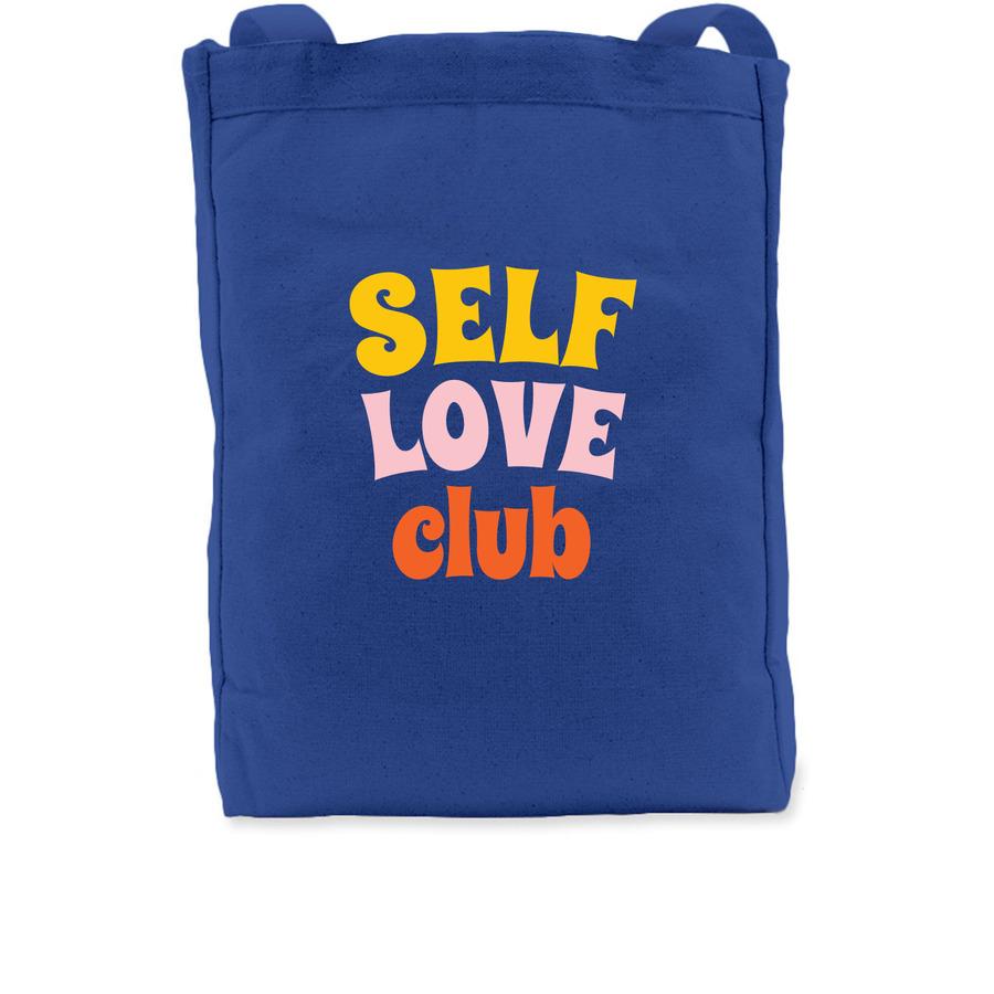 A blue tote bag that says, "Self love club".
