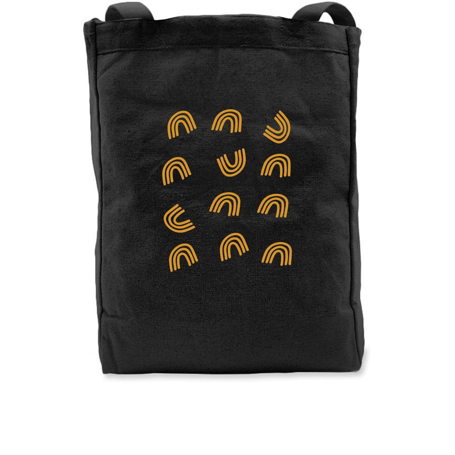 A black tote bag with 12 repeating rainbow graphics.