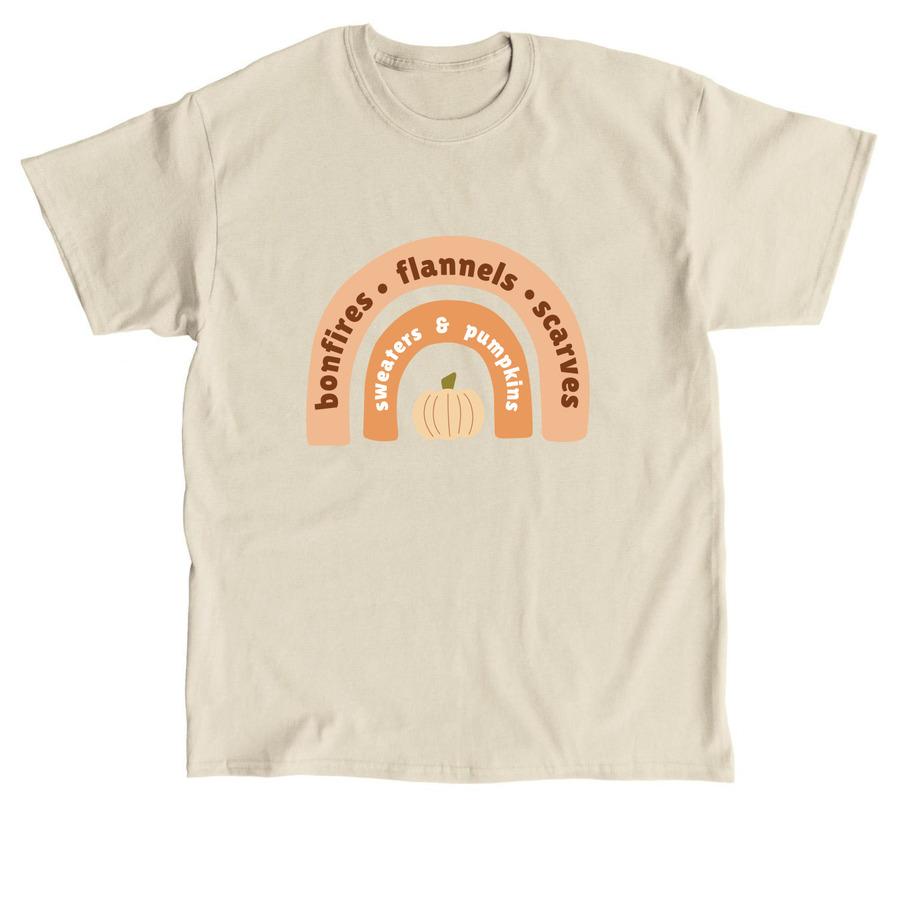 A fall t-shirt design that says, "Bonfires, flannels, scarves".