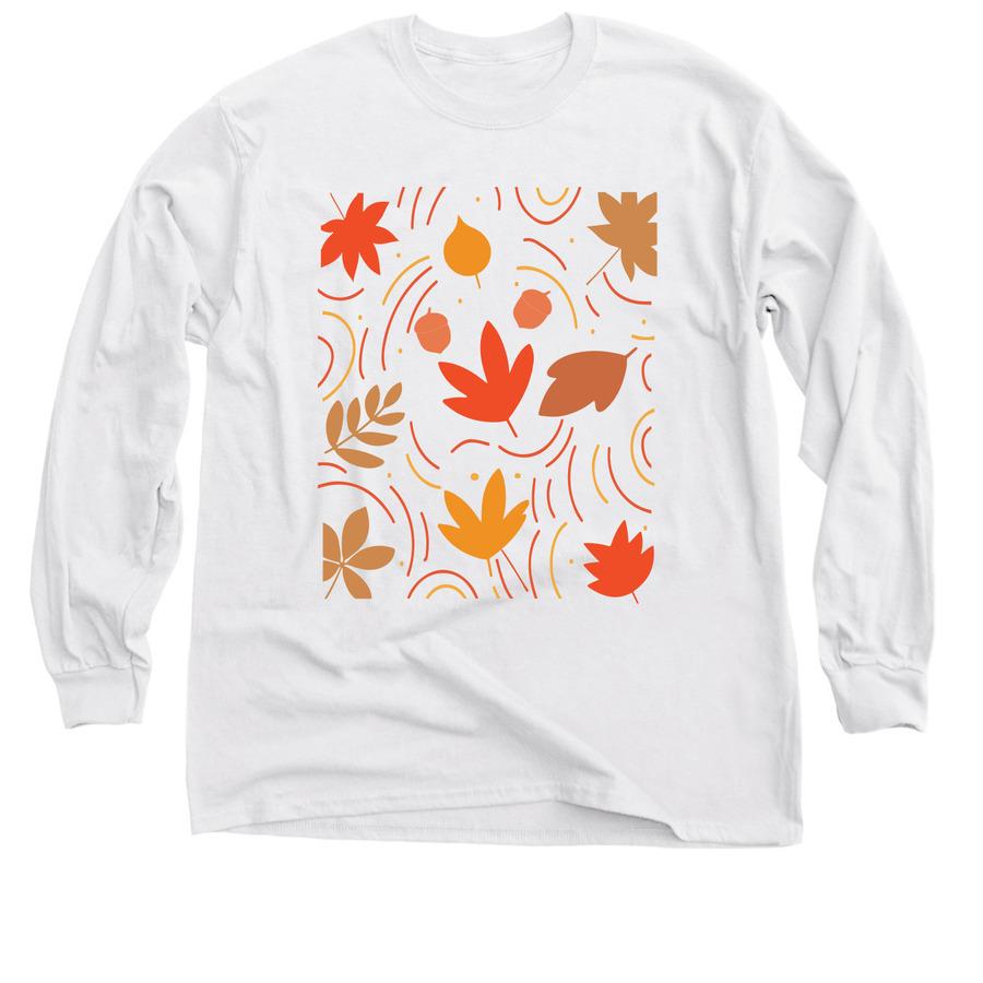 A fall t-shirt design that has graphics of falling leaves.