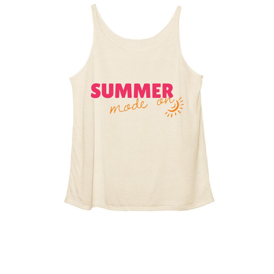 A cream summer-colored tank top that says, "Summer mode on".