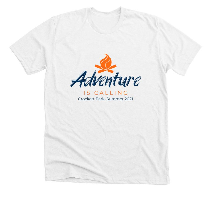 White camp t-shirt design with text saying "adventure is calling"