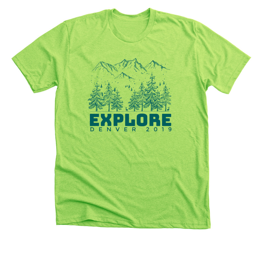 Neon green camp t-shirt design with text saying "adventure"