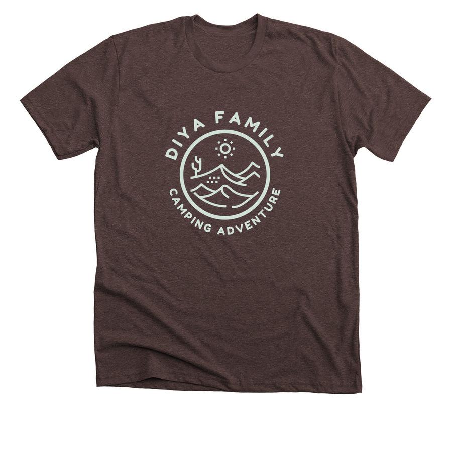 An espresso brown camping t-shirt that says "Diya family camping adventure".