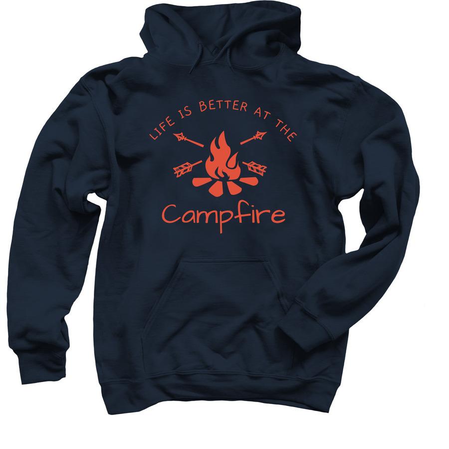 Navy blue camp t-shirt design with text saying "life is better at the campfire"