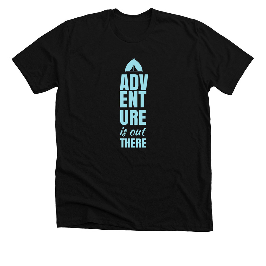 Black camp t-shirt design with text saying "adventure is out there"