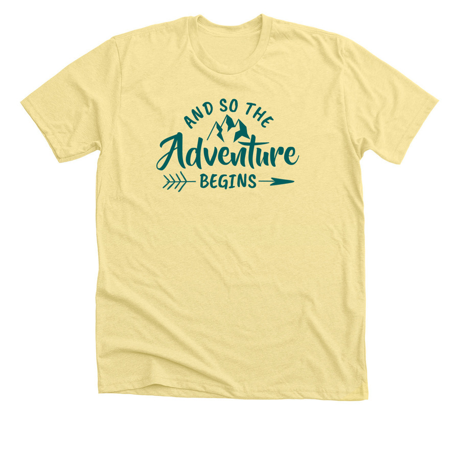 Banana cream t-shirt design with text saying "and so the adventure begins"