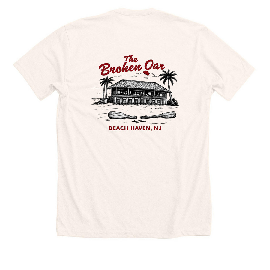 The Broken Oar, a Heather Natural Premium Unisex Tee (back-view)