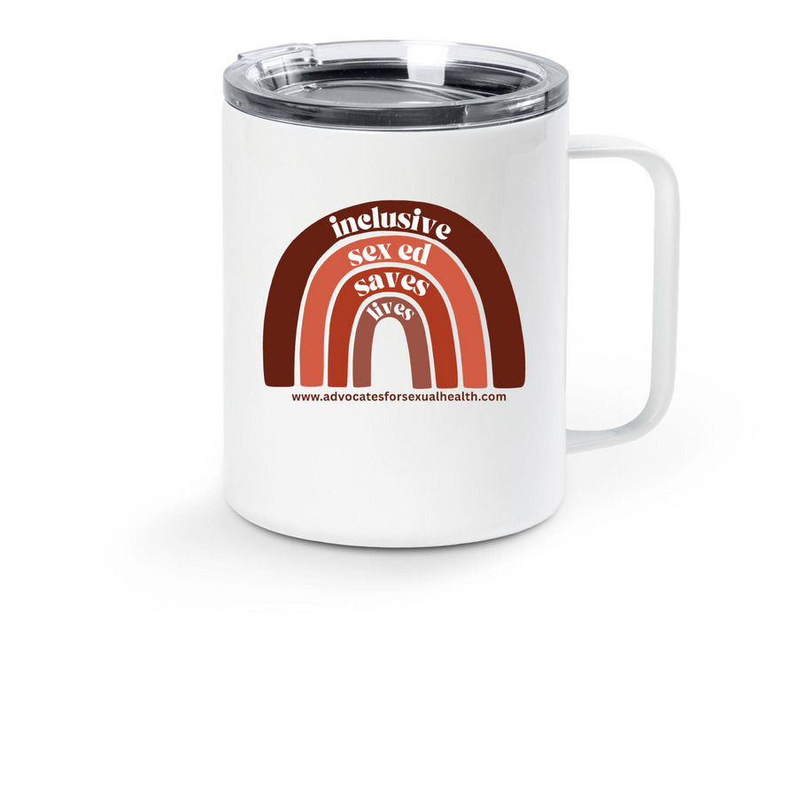 ASHE: Inclusive Sex Ed Saves Lives, a White Stainless Steel Travel Mug