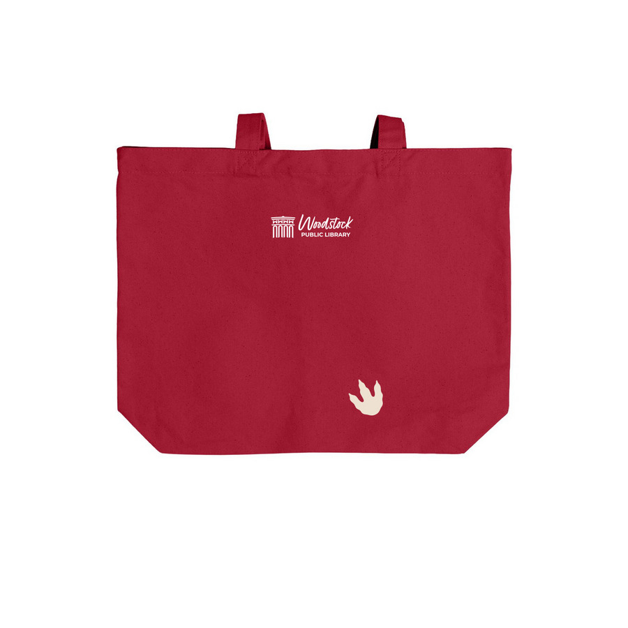 Dinosaurs and Library Cards, a Deep Red Cotton Canvas Tote Bag (back-view)