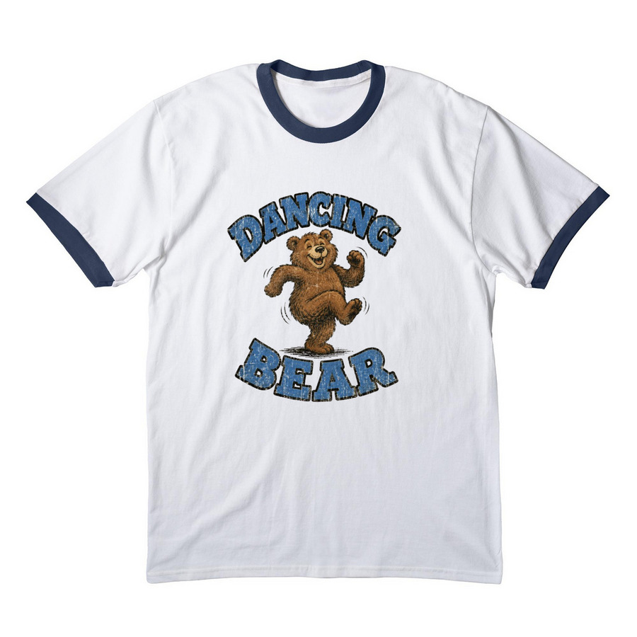 Vintage Dancing Bear T-Shirt, a White/ Navy Cotton Ringer Tee