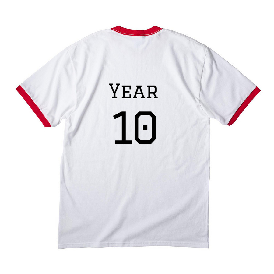 10 Year Anniversary Tee, a White/ Red Cotton Ringer Tee (back-view)