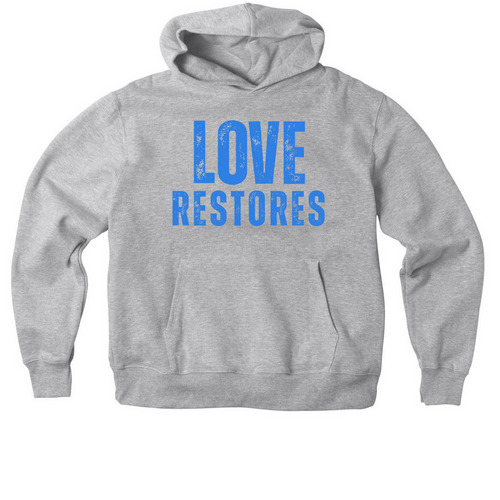 LOVE RESTORES - blue, a Athletic Heather Premium Heavyweight Pullover Hoodie
