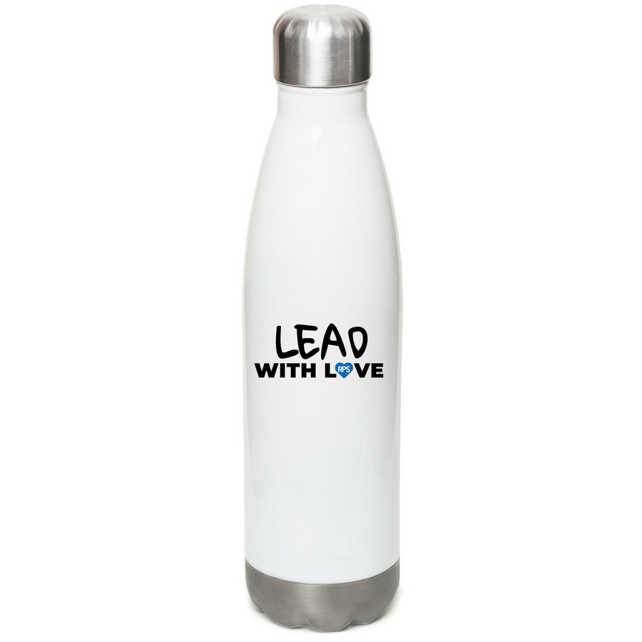 Lead with Love Water Bottle, a White Stainless Steel Water Bottle