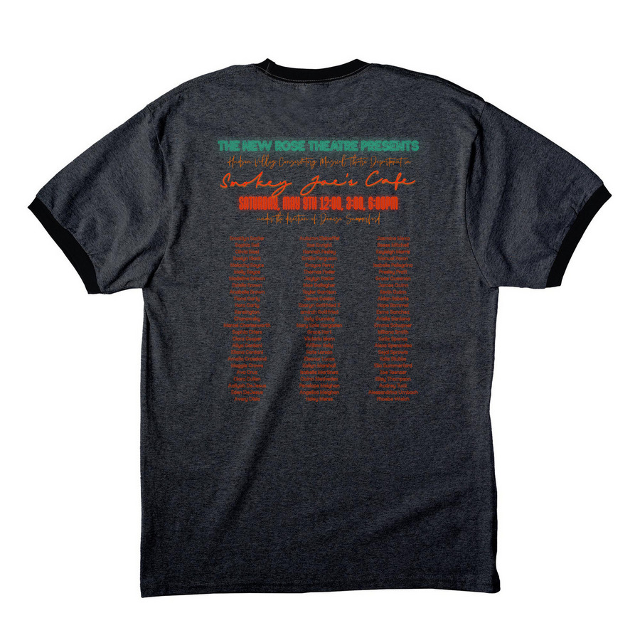 Smokey Joe's Cafe, a Dark Heather Grey/ Jet Black Cotton Ringer Tee (back-view)