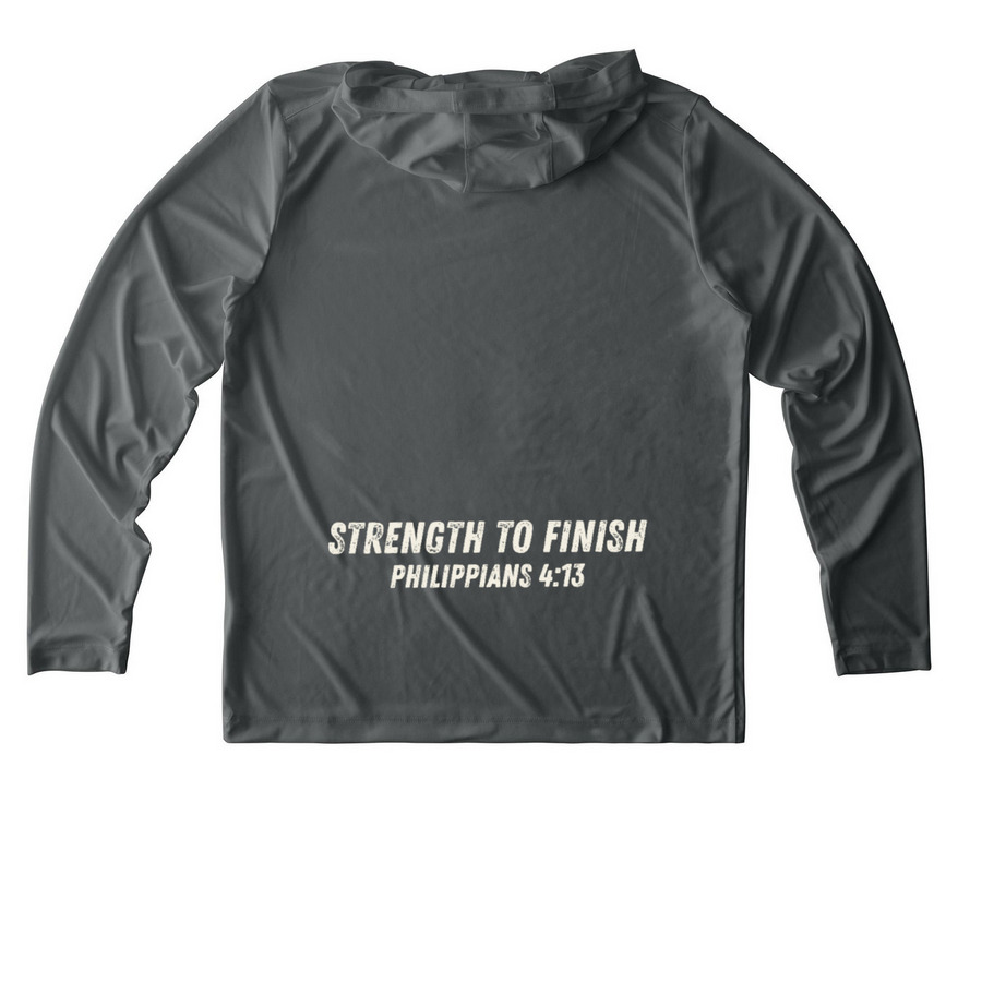 phil413, a Dark Smoke Grey UV Performance Long Sleeve Hoodie (back-view)
