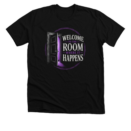Room Where It Happens (Light Font), a Solid Black Blend Premium Unisex Tee
