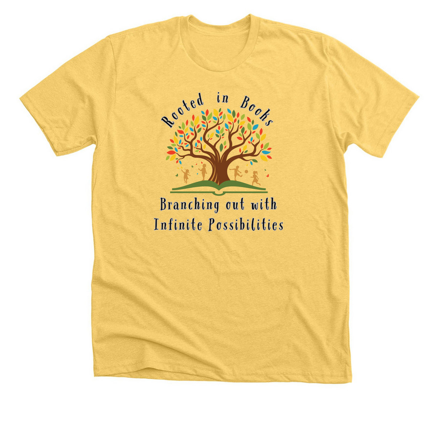Rooted In Books, a Heather Yellow Gold Premium Unisex Tee