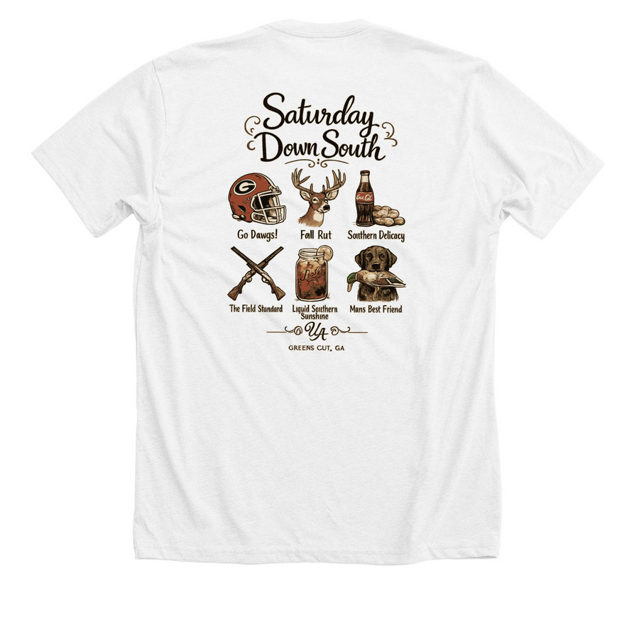 Saturday Down South, a Solid White Blend Premium Unisex Tee (back-view)