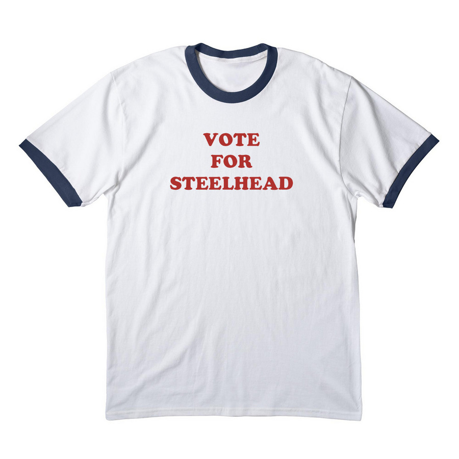 VOTE FOR STEELHEAD, a White/ Navy Cotton Ringer Tee