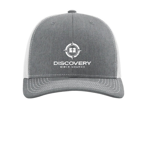 Outreach Hat - White Distressed Logo, a Heather Grey/ Light Grey Printed Snapback Trucker Cap