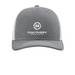 Outreach Hat - White Distressed Logo, a Heather Grey/ Light Grey Printed Snapback Trucker Cap