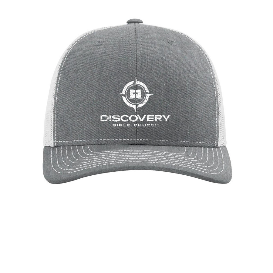 Outreach Hat - White Distressed Logo, a Heather Grey/ Light Grey Printed Snapback Trucker Cap