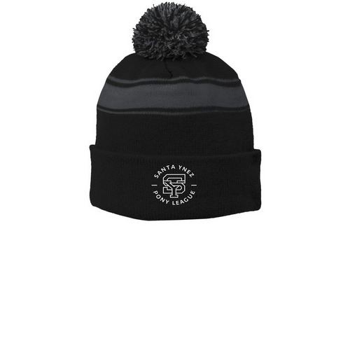 Beanie-Printed White Logo, a Black/ Iron Grey Printed Stripe Pom-Pom Beanie