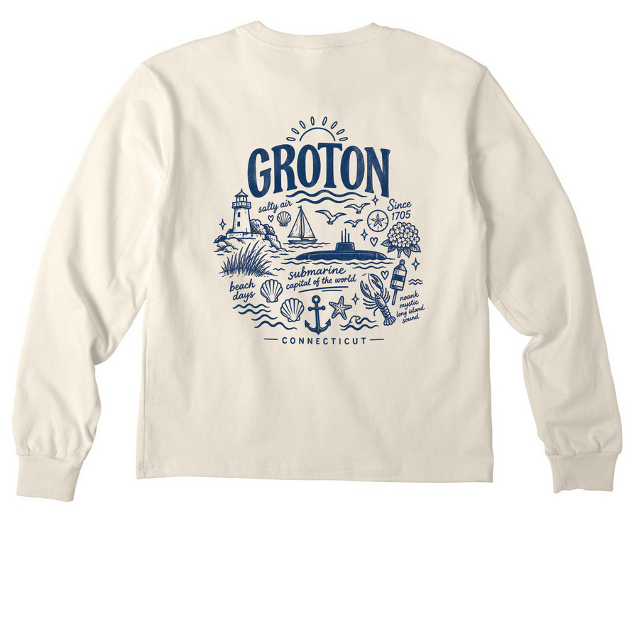 Youth Groton, CT, a Natural Youth Heavyweight Long Sleeve Tee (back-view)