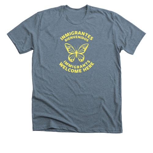 Inmegrantes Bienvenidos / Immigrants Welcome, a Heather Slate Premium Unisex Tee