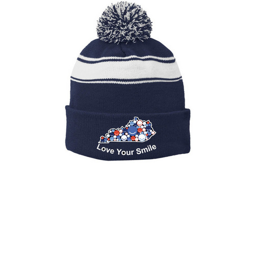 Love Your Smile KY Beanie, a True Navy/ White Printed Stripe Pom-Pom Beanie