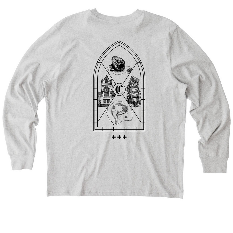 God Comes Where He's Wanted, a Cool Heather Grey Stanley/Stella Unisex Creator 2.0 Long Sleeve Tee (back-view)