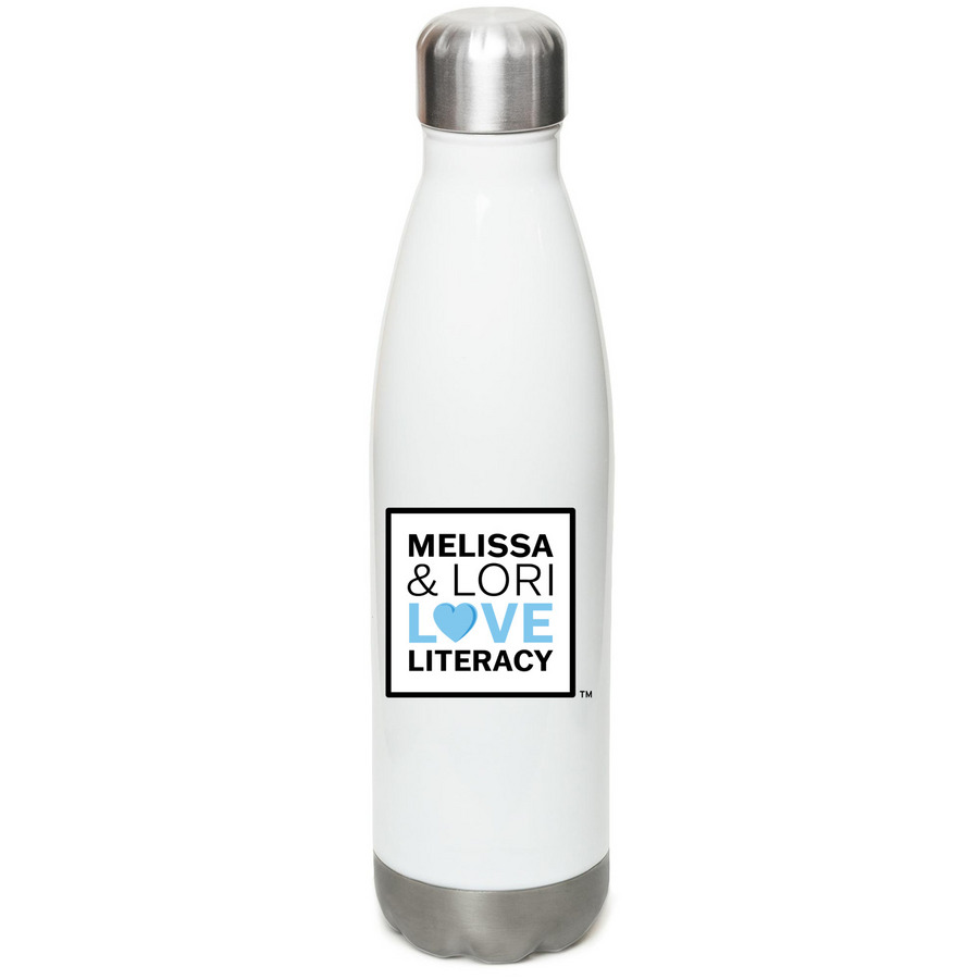 Melissa & Lori Love Literacy Water Bottle, a White Stainless Steel Water Bottle