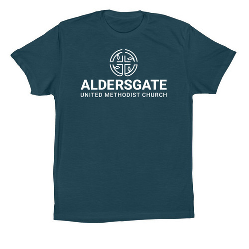 Aldersgate Vertical Logo, a Deep Teal Premium Cotton Tee